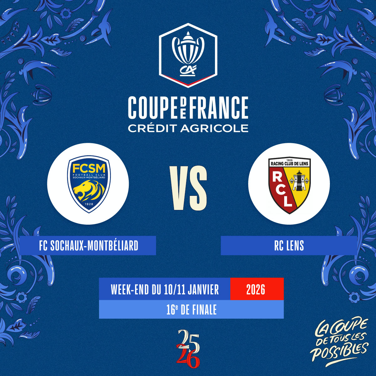 FCSM_officiel's tweet image. 🗓️🏆 Le FCSM recevra le @RCLens au Stade Bonal pour les 16es de finale de la @coupedefranceCA.

⚔️ Match prévu le week-end des 10 et 11 janvier 2026.