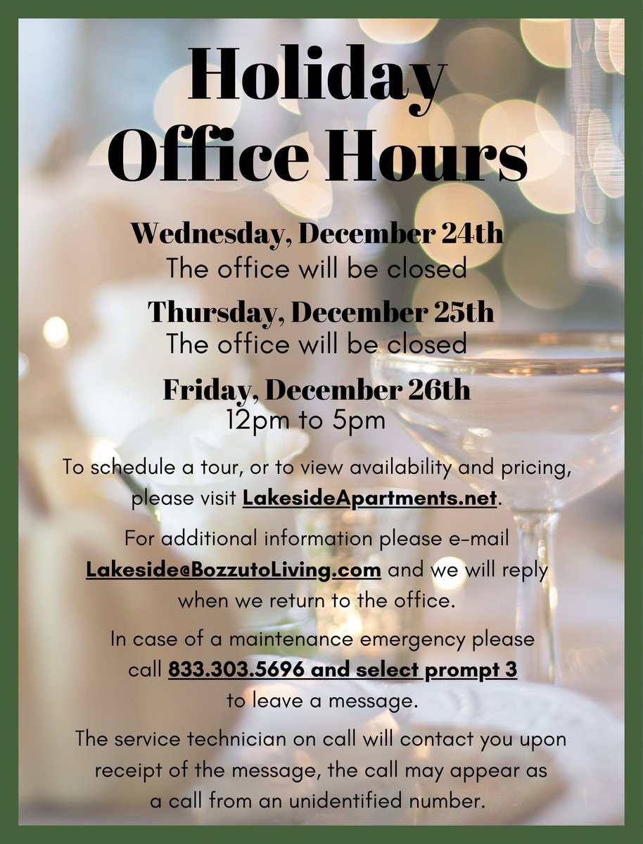 LakesideVA's tweet photo. HOLIDAY HOURS:

The office will be closed on Wednesday (12/24) and Thursday (12/25). We will be open on Friday (12/26) from 12pm to 5pm. 

Happy Holidays! https://t.co/F42o4xgdJf
