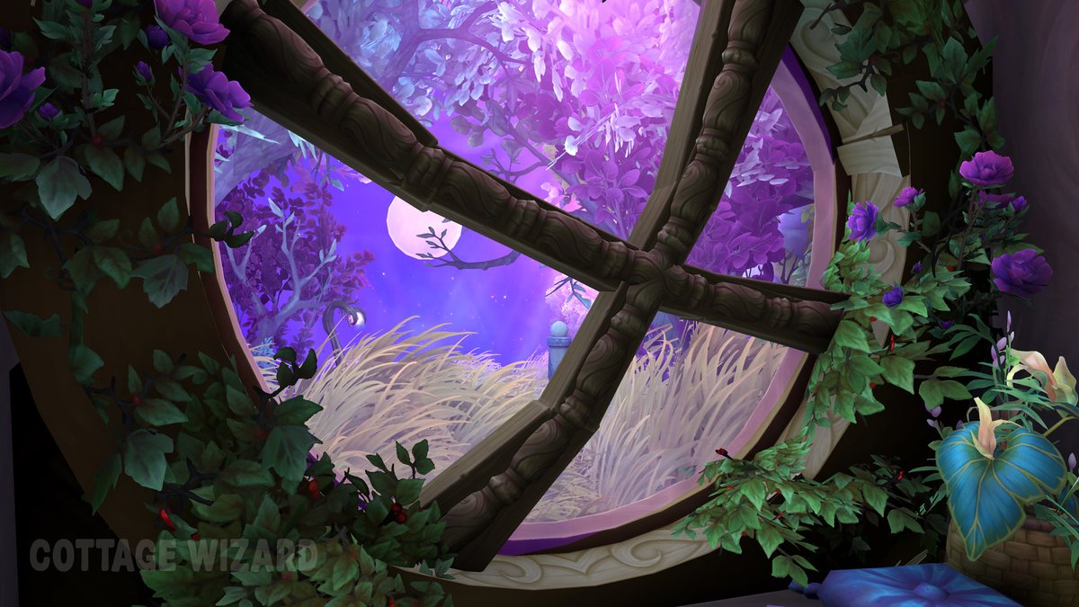 CottageWiz's tweet image. Night elf style circular window 🌑✨

People were curious about the circular window in my magic shop, so made this for a video guide coming soon to my YouTube channel! It'll demonstrate largely the same building steps.  With sparkling stars in the backdrop! 
#wowhousing #warcraft