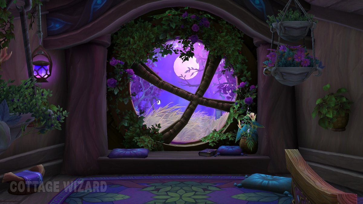 CottageWiz's tweet image. Night elf style circular window 🌑✨

People were curious about the circular window in my magic shop, so made this for a video guide coming soon to my YouTube channel! It'll demonstrate largely the same building steps.  With sparkling stars in the backdrop! 
#wowhousing #warcraft
