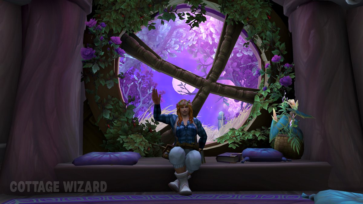 CottageWiz's tweet image. Night elf style circular window 🌑✨

People were curious about the circular window in my magic shop, so made this for a video guide coming soon to my YouTube channel! It'll demonstrate largely the same building steps.  With sparkling stars in the backdrop! 
#wowhousing #warcraft