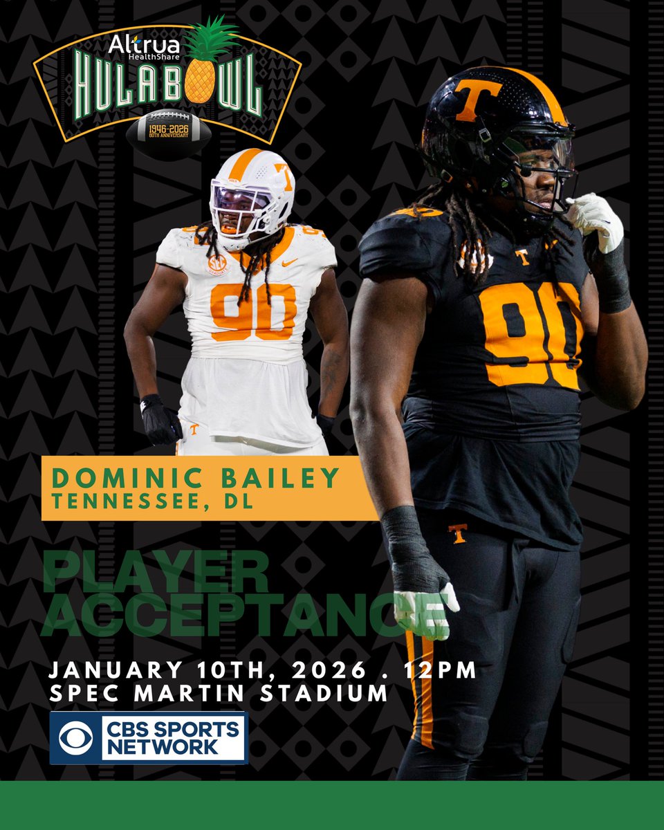 Next stop: Hula Bowl!!! <a href="/DominicBailey56/">Dominic Bailey</a> has officially accepted his invite to the 2026 Altrua HealthShare Hula Bowl All-Star Game!! @vol_football