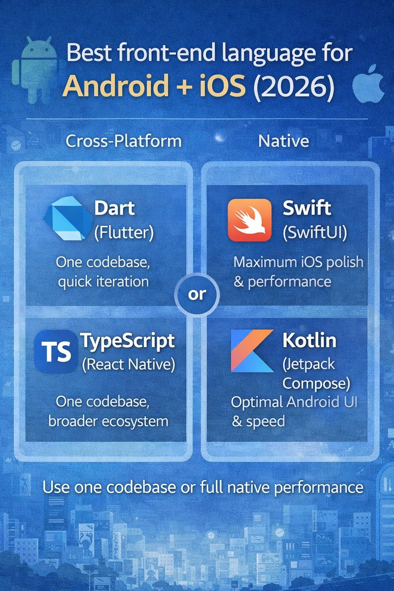 KamalGurjar8's tweet image. In 2026, the best front-end language depends on your goal: Dart (Flutter) or TypeScript (React Native) for one codebase; Swift (SwiftUI) + Kotlin (Jetpack Compose) for maximum native polish. 
#Coding #androidcoding #iOS26 #Developers