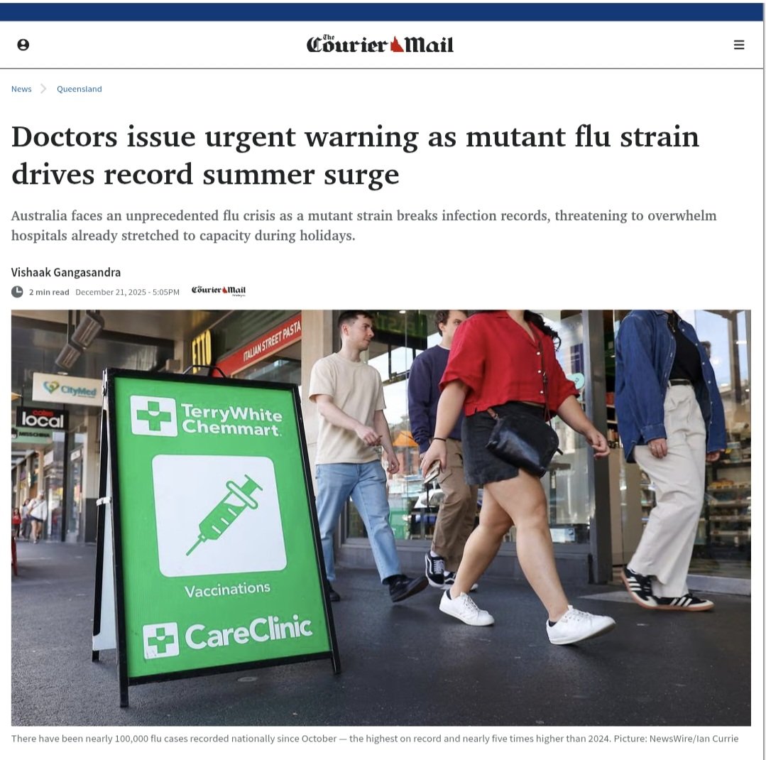 Australia faces an unprecedented flu crisis as a mutant strain breaks infection records, threatening to overwhelm hospitals already stretched to capacity during holidays - Courier Mail

#flu #GetVaccinated #qldpol