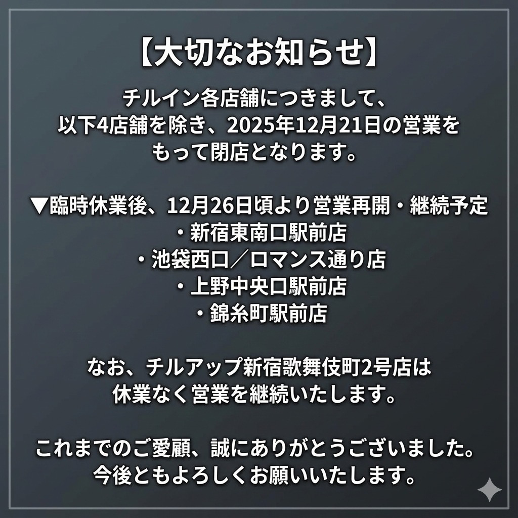 chilljp_tokyo's tweet photo. 【お知らせ】

チルイン各店舗につきまして、
以下4店舗を除き、2025年12月21日の営業をもって閉店となります。

▼臨時休業後、12月26日頃より営業再開・継続予定
・新宿東南口駅前店
・池袋西口／ロマンス通り店
・上野中央口駅前店
・錦糸町駅前店

なお、
チルアップ新宿歌舞伎町2号店は休業なく営業を継続いたします。

これまでのご愛顧、誠にありがとうございました。
今後ともよろしくお願いいたします。