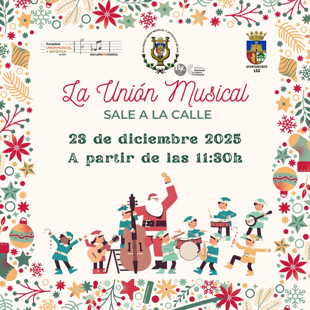 ✨ Un año más… La Unión Musical sale a la calle 🎶

Será el martes 23 de diciembre a partir de las 11:30 horas. Habrá diversos grupos de cámara poniendo música navideña a las calles de Sax 🎷

🎅🏻🤶🏻 ¡¡¡Os esperamos!!! 🥁
