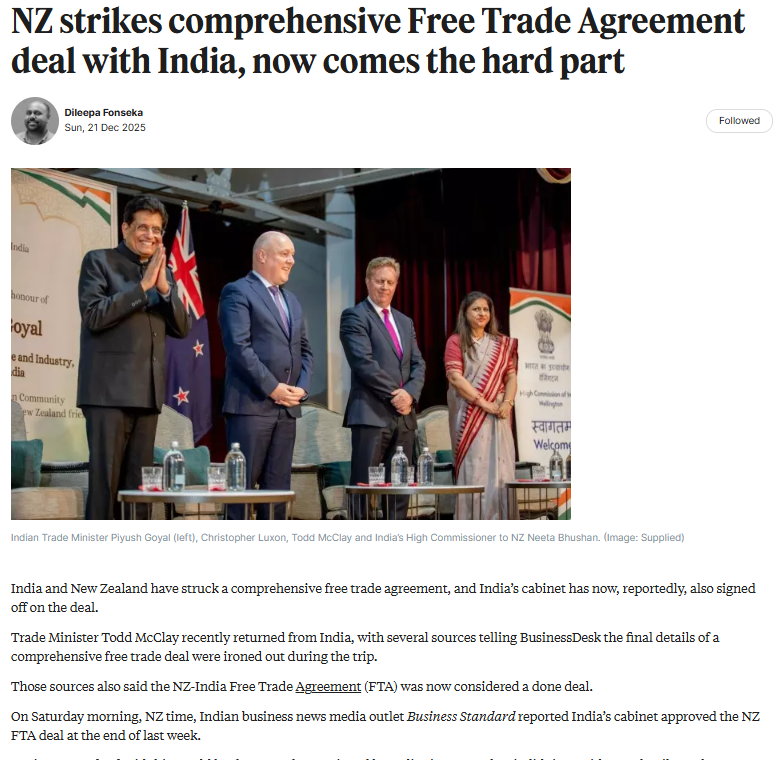 ICYMI: On <a href="/businessdesk_nz/">BusinessDesk_NZ</a> yesterday <a href="/dileepa_fonseka/">Dileepa Fonseka</a> had the scoop on the NZ-India FTA. It's a done deal. Watch this space.
