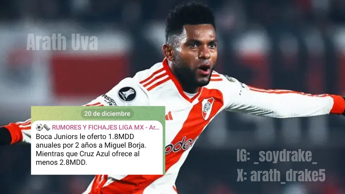 ✅ CONFIRMADO <a href="/FUT_sinFrontera/">Fútbol Sin Fronteras</a> 

Miguel Borja será el primer refuerzo de #CruzAzul para 2026

Tal los detalles de ayer en mis redes sociales, habían acuerdos y solo restaba ✅.

2.4MDD anuales por su firma hasta 2027 con opcion a +1.

Primero por <a href="/gerardoo_gh/">Gerardo González</a>
