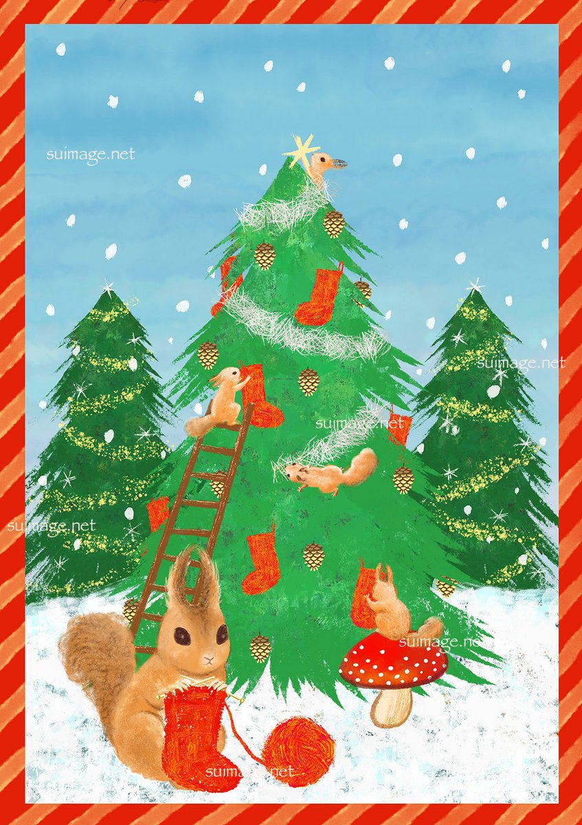 今週はもうクリスマス！ 我が家も先週ツリーを出して、一応雰囲気は盛り上げてます🎄 さてこちらは以前描いたクリスマスイラスト。 森のリスたちが、 クリスマスプレゼントをもらうための靴下を編んで、ツリーにぶらさげています。 サンタさん、何をくれるのかな🎁, image size:847x1200