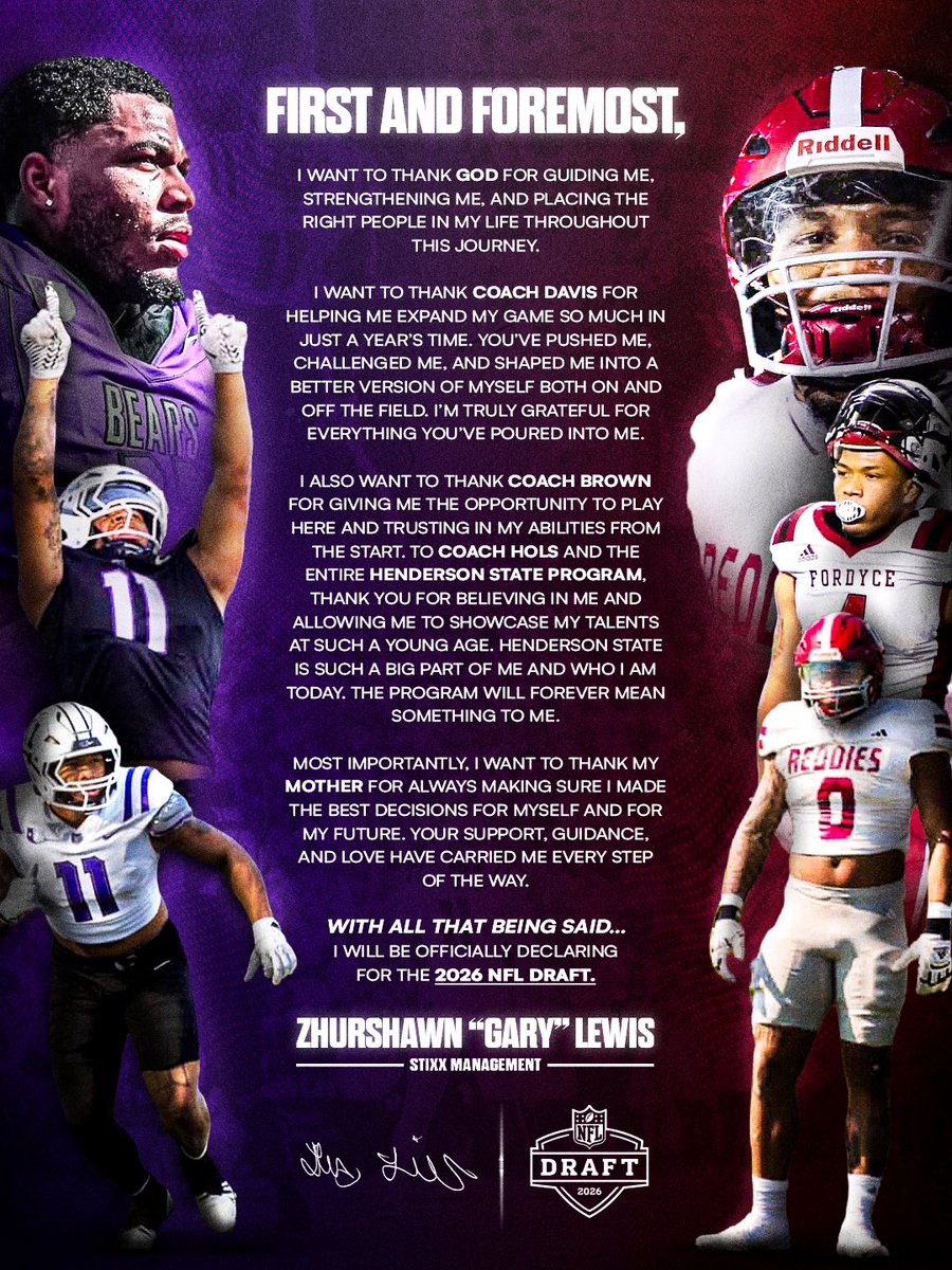 The numbers speak for themselves👀165 tackles, 39.5 fls, 21.5 sacks. UCA grad, Henderson transfer, All American, 3x All Conference, Cliff Harris award finalist, and two elite 100, Zurshawn (Gary) Lewis has officially declared for the 2026 NFL draft. He is a STEAL for any team.