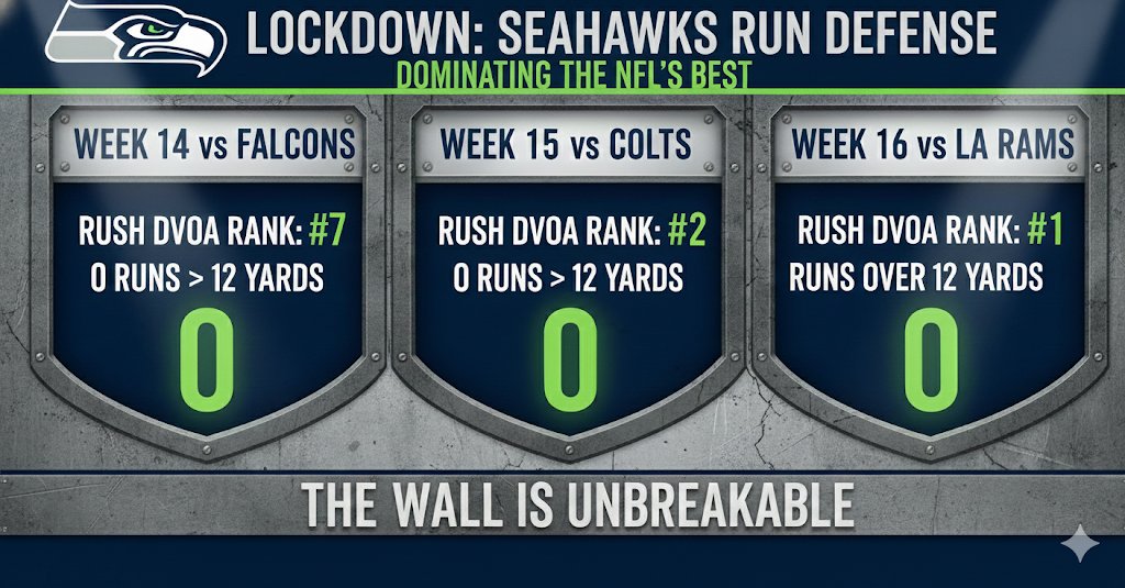 hawkblogger's tweet photo. The Seahawks just faced a gauntlet of top run offenses in 11 days. 

DVOA Run Offense Ranks:

Falcons: 7th 
Colts: 2nd
Rams: 1st

They gave up 0 runs of 12+ yards in those games. https://t.co/bnlyvvhNYM