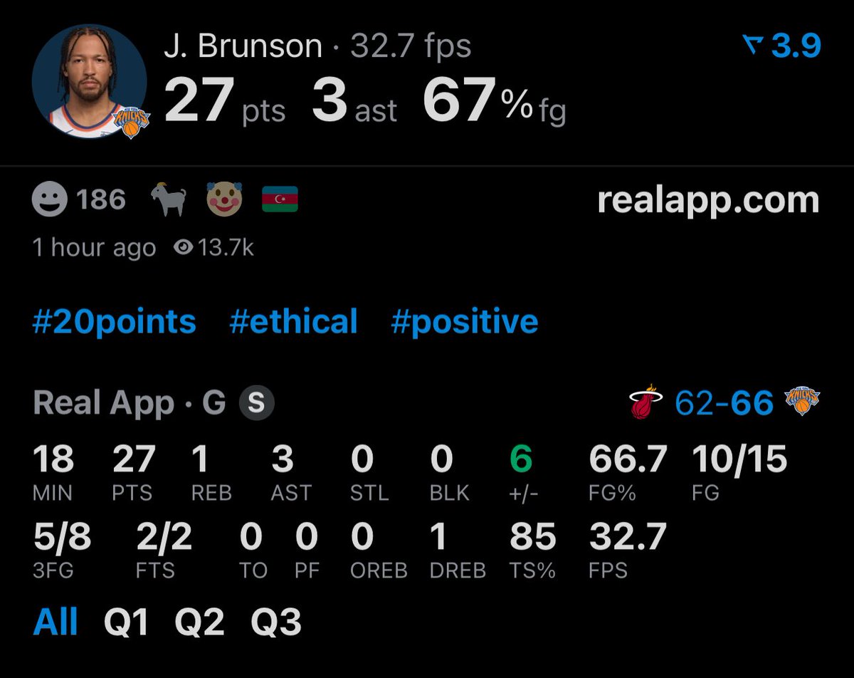 LegionHoops's tweet image. JALEN BRUNSON IS EATING:

27 POINTS
0 TURNOVERS
10/15 FG
5/8 3P
18 MINUTES

ONLY HALFTIME. (via @realapp)