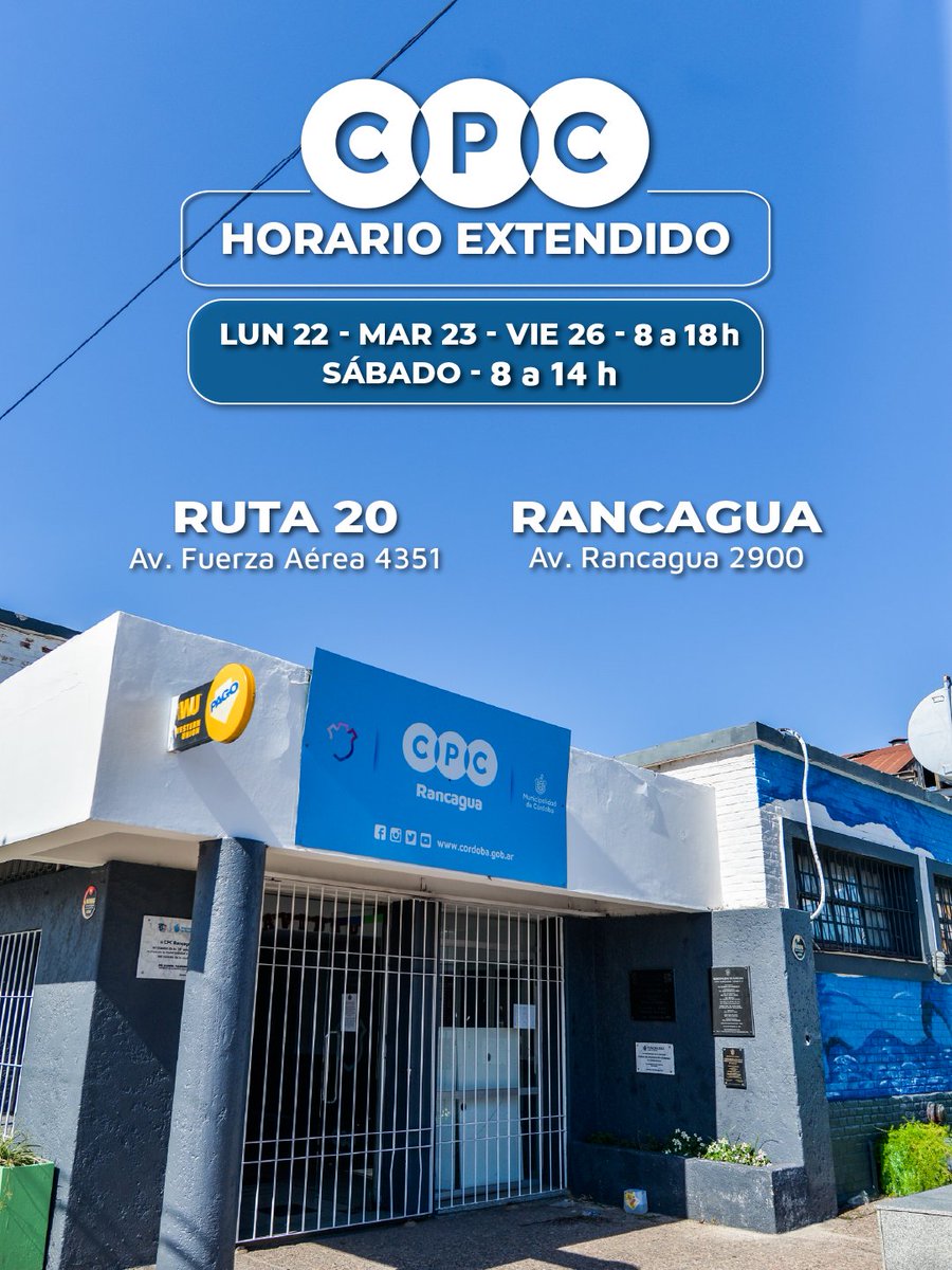 Esta semana abrirán con horario extendido los CPC Rancagua y Ruta 20. 🏢

🕘 La atención será de 08:00 a 18:00 horas el lunes, martes, miércoles y viernes; y de 08:00 a 14:00 horas el sábado. El jueves no habrá atención al público por el día de Navidad.