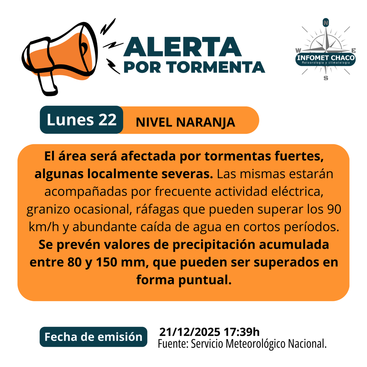 Buenas noches| 21:47h 

Actualización de #AlertaMeteorológico en #NEA de nivel 🟠 Se esperan lluvias y tormentas de variada intensidad, algunas fuertes o severas. ⚠️👇

Se prevén #acumuladosDeLluvias importantes.