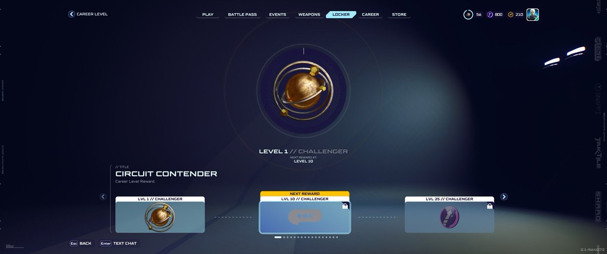 Kotetsu_Ryu_'s tweet image. How do I unlock the next one that says LVL 10 // CHALLENGER? I'm level 56. Do I unlock it a different way? @Splitgate 
#splitgatearenareloaded
