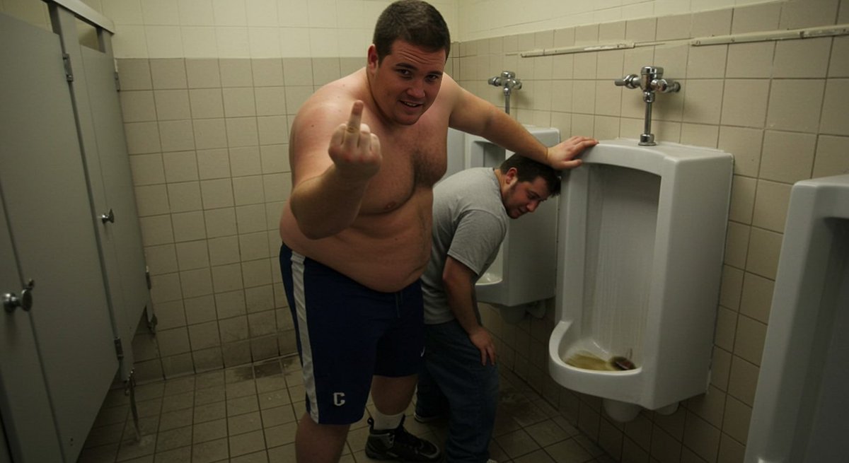 #College #RA asked me to clean the #LockerRoom #washroom. As I was about to begin, a bunch of mischevious #CollegeFootball #jocks walked in. The #AlphaMale #footballers grabbed my hair &amp; took turns shoving my face into unflushed #urinals!
#CollegeLife #AIArt #Swirlies #Swirly