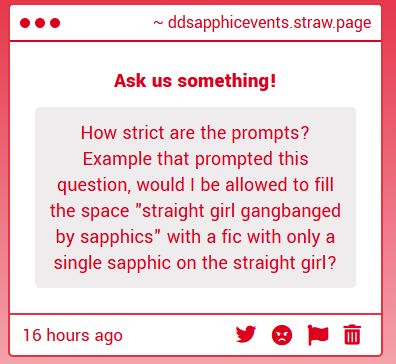 ddsapphicevents's tweet photo. responding to this strawpage question: hello! the prompts are never strict. you can absolutely interpret them in any way you'd like; they are always as open-ended as possible. 

https://t.co/2JhFATQseg https://t.co/PQKg51PcDM