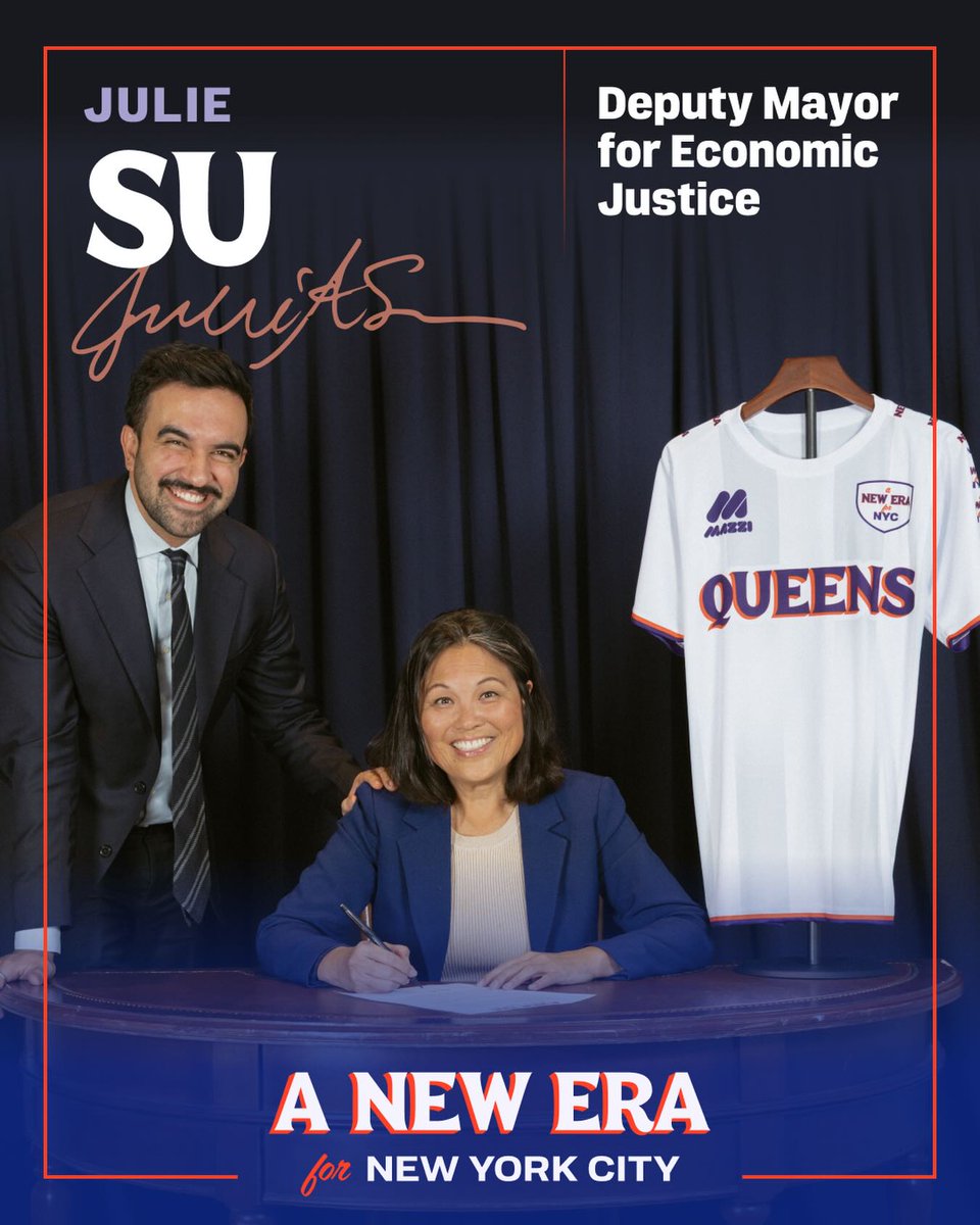 Congratulations to <a href="/JulieSuLabor/">Julie A. Su</a> - New York City's first Deputy Mayor for Economic Justice! With Julie's experience as the Acting U.S. Secretary of Labor &amp; her commitment to social justice &amp; equity, the people of New York City are lucky to have you in this vital leadership role!