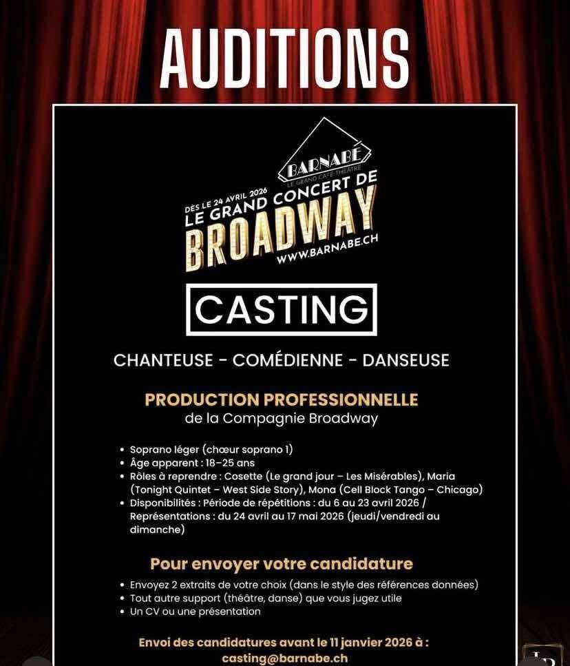 FanMusicaleC's tweet image. [CASTING] 🎶

Le grand concert de Broadway reprend le 24 avril 2026! 
La production lance donc un casting chanteuse/comédienne/danseuse!

Les infos se trouvent sur l’affiche !
