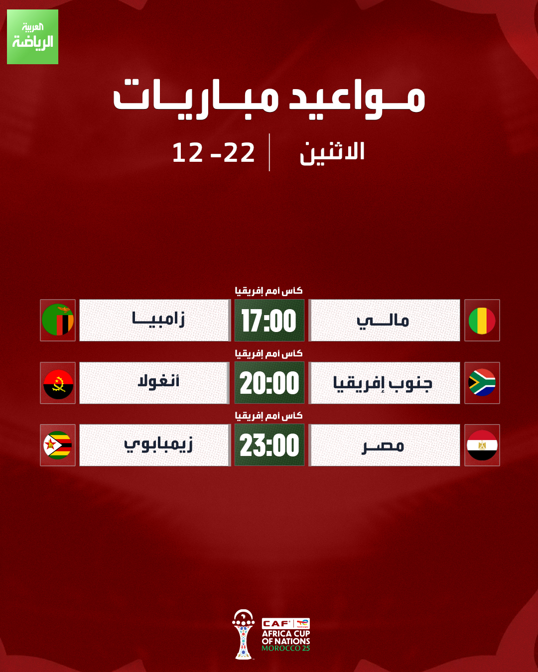 مباريات اليوم - كأس أمم إفريقيا. مالي تواجه زامبيا وجنوب إفريقيا تلاقي أنغولا. مصر تفتتح مشوارها في البطولة أمام زيمبابوي 