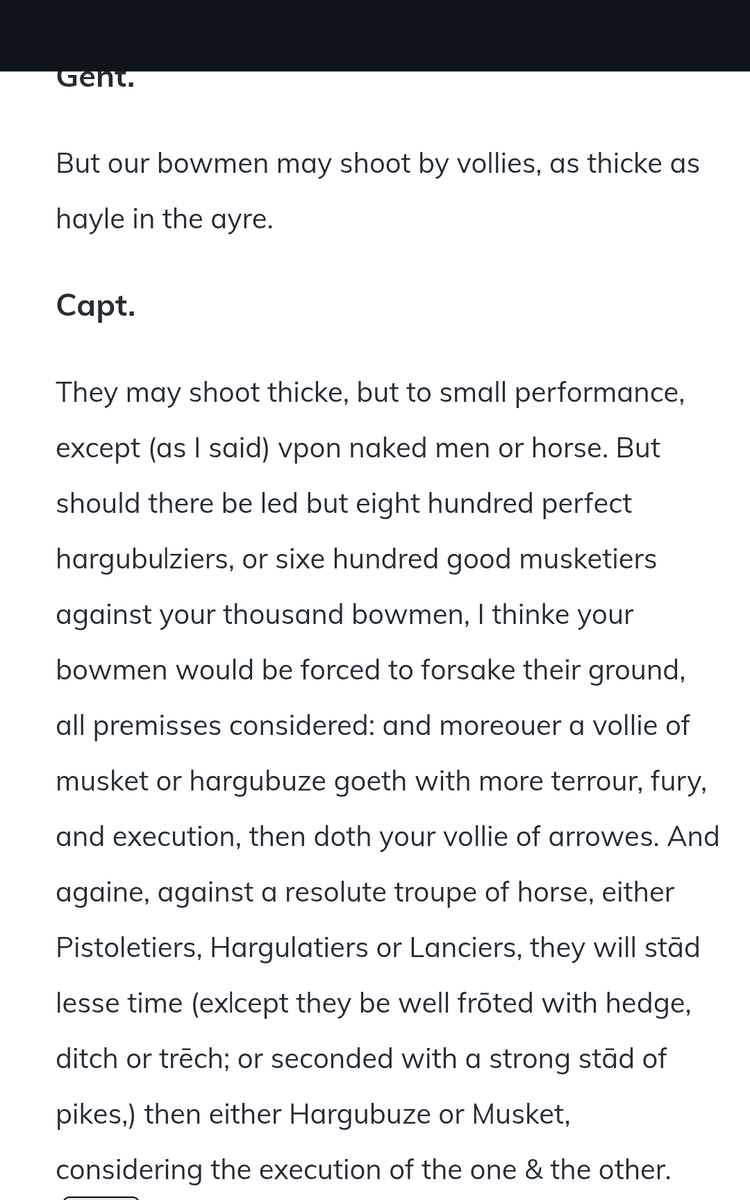 123NY3's tweet photo. @_qwertygrl Early rifles did have slow rates of fire, but here is military theorist Rob Barnet explaining in 1600 that a rifle's greater penetration power and range easily compensates. He says 1000 archers would lose to a force of 600 or 800 riflemen. https://t.co/qfusaxaYdb