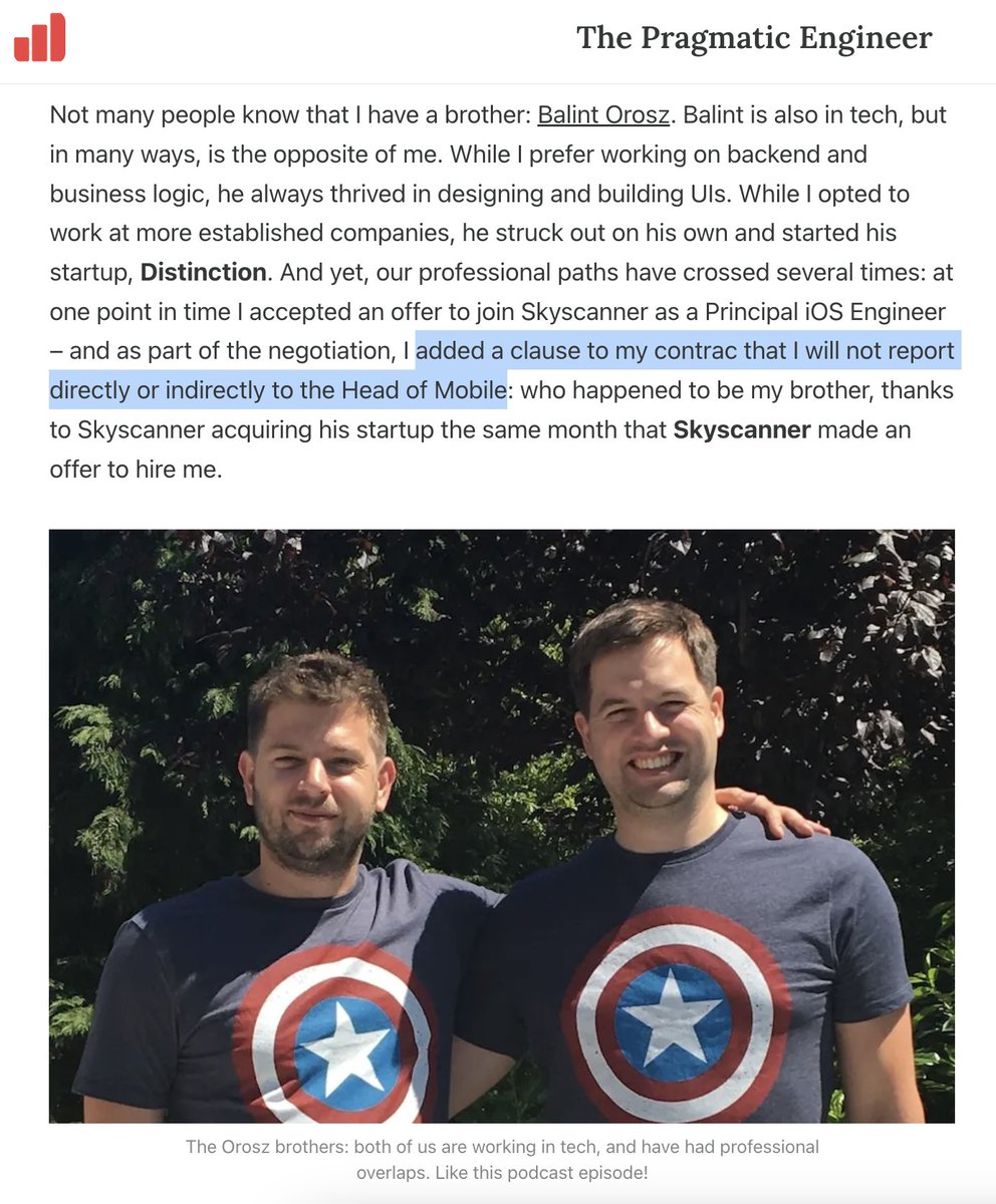 GergelyOrosz's tweet image. My most awkward job offer: when Skyscanner offered a contract, I had to request a weird amendment to it. Independent of my hiring (done by a different division), Skyscanner acquired my brother's startup the same month...

Screenshot from the podcast episode with @balintorosz:…