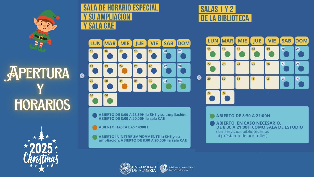🎄📚 Consulta la imagen para conocer las salas y horarios de apertura durante este período navideño.

#soyUAL #biblioual #Navidad <a href="/ualestudiantes/">UAL Estudiantes</a> <a href="/ualmeria/">Universidad de Almería</a>