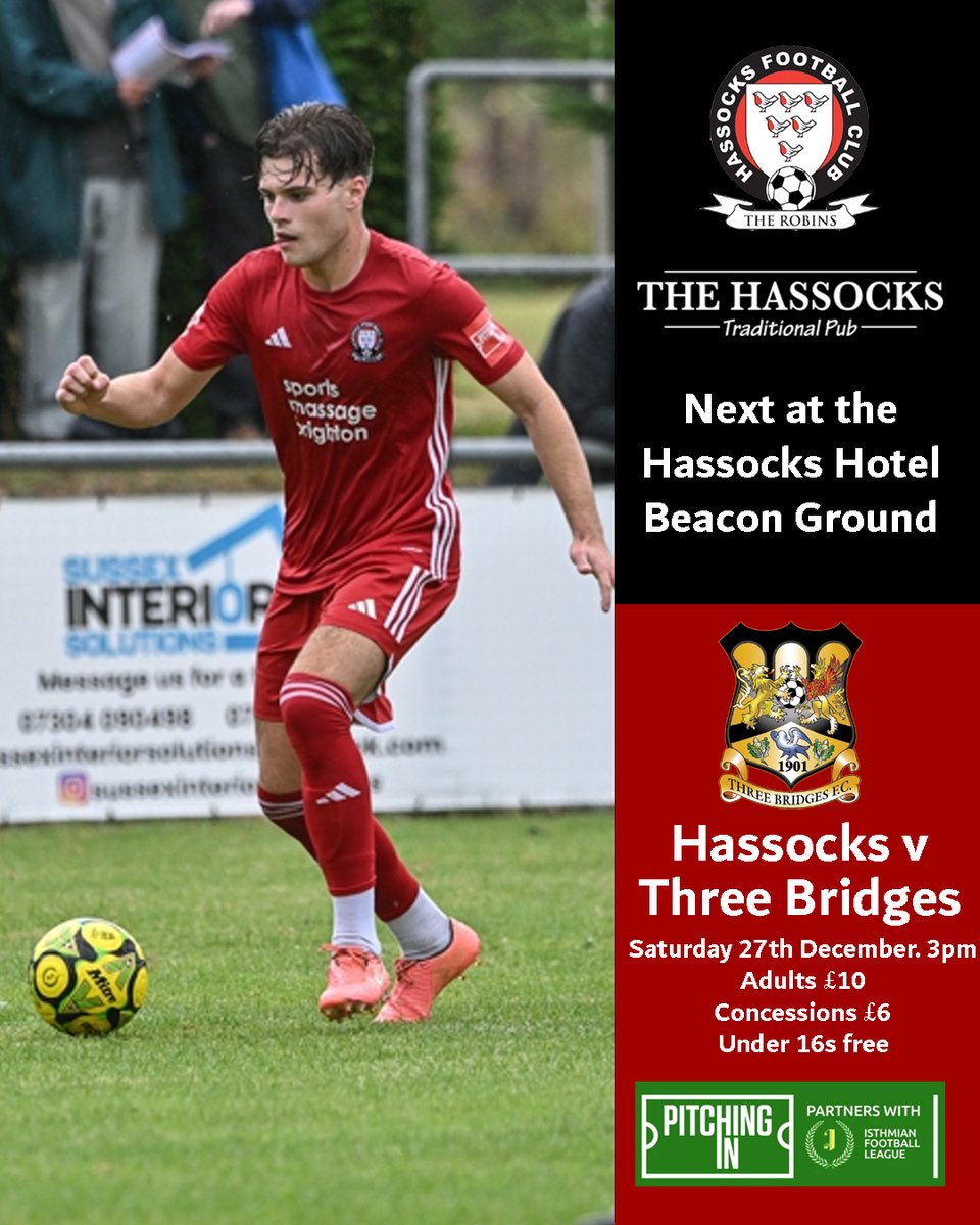 hassocksfc's tweet image. Carry on the Christmas celebrations through to Saturday 27th December and join us at the @HassocksHotel Beacon Ground for a Sussex Derby against Isthmian South East leaders Three Bridges

Kick off at 3pm. Bar and kitchen open. Dogs welcome. Free admission for U16s #UTR