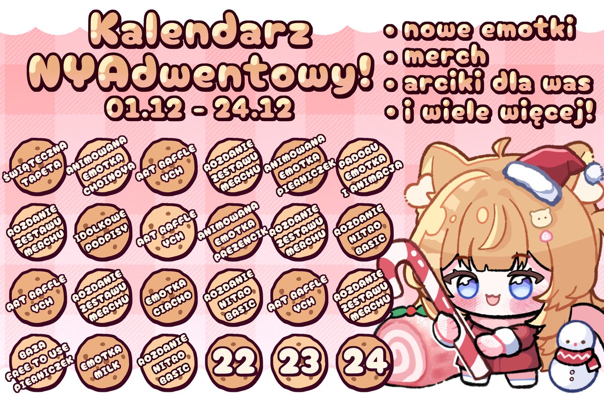Kalendarz NYAdwentowy ✦ Dzień 21 
Ostatnie Rozdanko Nitro Basic!

Mam dość pracowitą nadzielę, dlatego dzisiejszy upominek również będzie z tych prostszych! ₍^ >⩊< ^₎Ⳋ
Rozdanko odbywa się na naszym serwerze!

Wesołych Świąt! 🩷