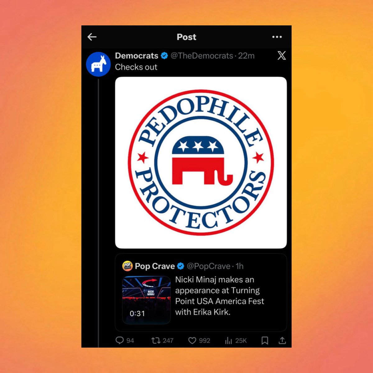 ThePopFlop's tweet image. The Democratic Party shades Nicki Minaj on Twitter/X following her appearance at Turning Point USA's AmericaFest:

“Checks out”