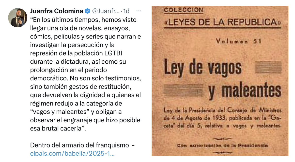 El ignorante de Juanfri, el mamachicho de la memoria histriónica, atribuyendo al franquismo la Ley de Vagos y Maleantes, promulgada por la II República. Menudo engañabobos. <a href="/MeMondo1/">ME MONDO</a>
