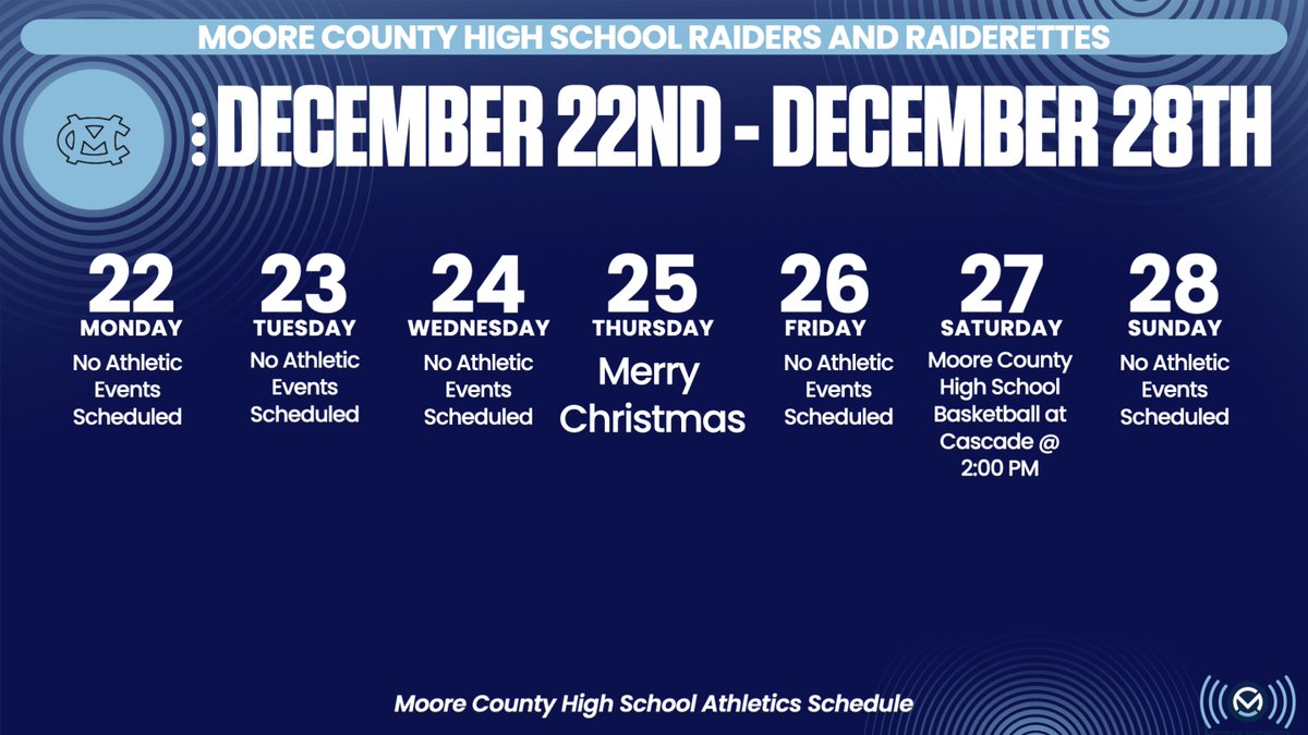 MooreNetwork's tweet image. Moore County Athletics Schedule: December 22nd - December 28th

Moore County athletes and coaches are enjoying a few days off with family and friends, but basketball will be back in action on the 28th.