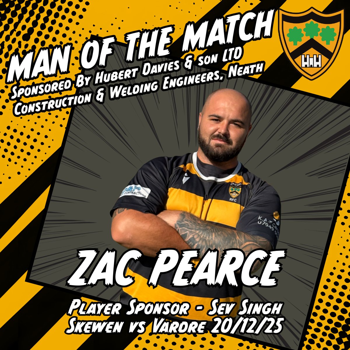Skewenrfc's tweet image. 🏉 First Team - Man of the Match Announcement 🏉

👏 Man of the Match: Zac Pearce 👏

Sponsored by Sev Singh

Award proudly sponsored by Hubert Davies and Son Ltd

Zac put in a fantastic shift and fully deserves the recognition!💪

🖤💛 #SkewenRFC #ManOfTheMatch #TeamEffort