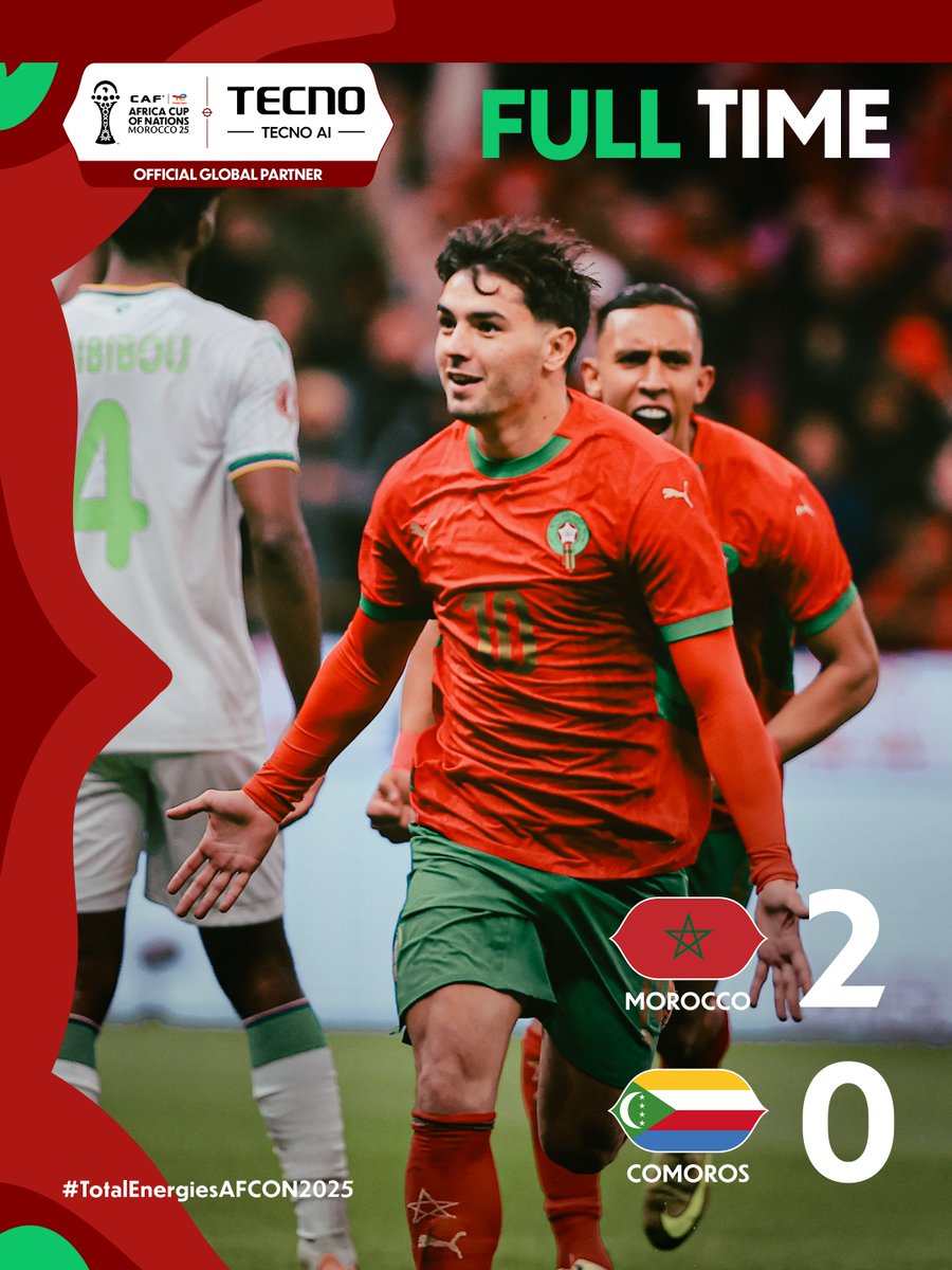 FULL-TIME 🇲🇦🇰🇲

First day. First match. First win for Morocco. 🤩

#TotalEnergiesAFCON2025 | <a href="/tecnomobile/">tecnomobile</a>