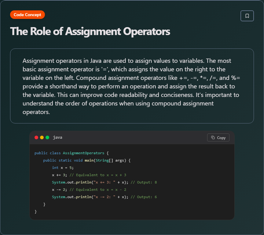 techielearns's tweet image. ✨ The Role of Assignment Operators (Java)

Learn more on our website: techielearns.com

#Java #JavaDev #OOP #Backend #100DaysOfCode #DevLife