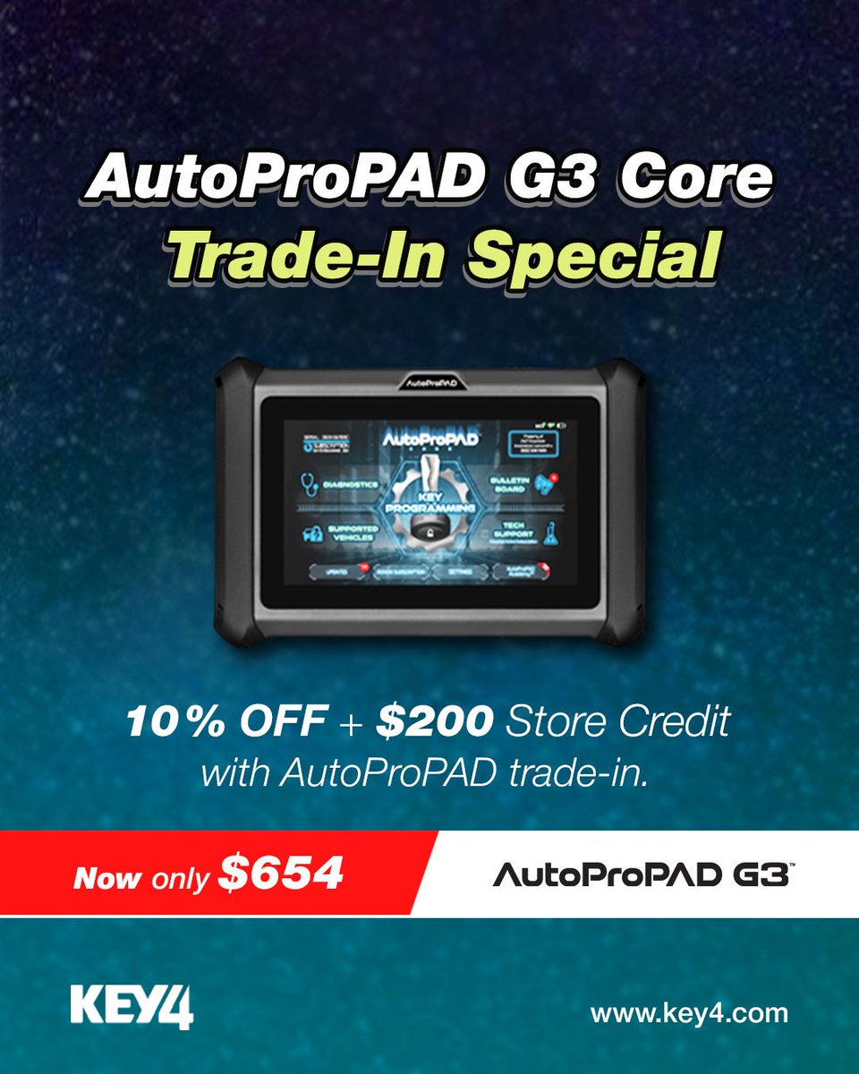 key4com's tweet image. AutoProPAD G3 Core Trade-In Special⚡
Professional performance at an unbeatable value.
10% OFF + $200 Store Credit with AutoProPAD trade-in 💥
Now just $654 - while supplies last!

👉 Available now at KEY4.com

#KEY4 #AutoProPADG3 #TradeInSavings #LocksmithLife