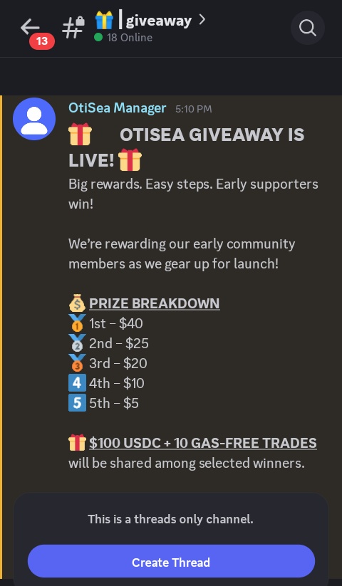🔥🎅 OtiSea's dropping $100 and 10 gas-free trades like hotcakes! 🔥

How to enter:
✅ Hop on Discord
✅ Dash to the giveaway channel and sign up!
discord.gg/vdRAGBwp
PS: Their X account got binned, but a new one's coming soon 😎
<a href="/Khola005/">Kelly.sol</a> <a href="/sholaogunl21013/">🏆</a> <a href="/Royal_muller01/">ROYAL☯️</a>