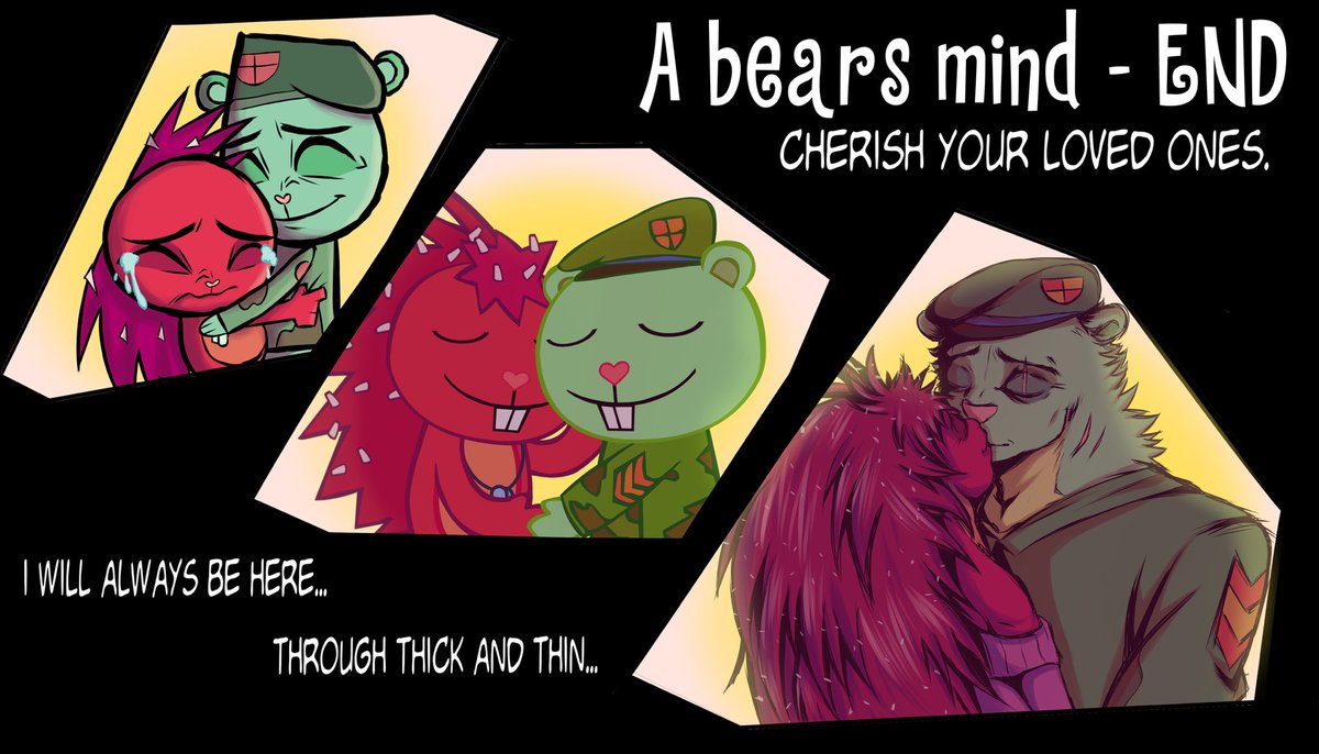 A bears mind - END. Special thanks to 🧃for the HTF styled panel in the middle! #htf #happytreefriends #htfkapow #flippy #flaky #flippyxflaky #fanart #comic
