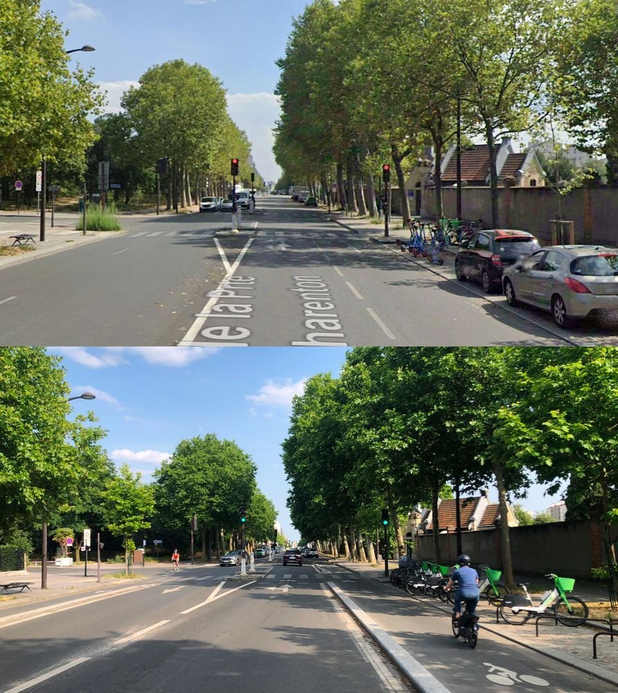 Avant / Après les pistes cyclables Avenue de la Porte de Charenton dans le 12ème arrondissement de Paris.
