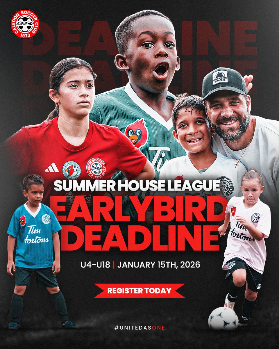 CaledonSC's tweet image. Just a reminder, Caledon — summer soccer is coming fast! ⚽☀️

Our Early Bird House League deadline is January 15, 2026!!

If you’re planning to play this year, now’s the time to register!

Let’s make this summer our biggest yet.

#CaledonSoccer #HouseLeague #Summer2026
