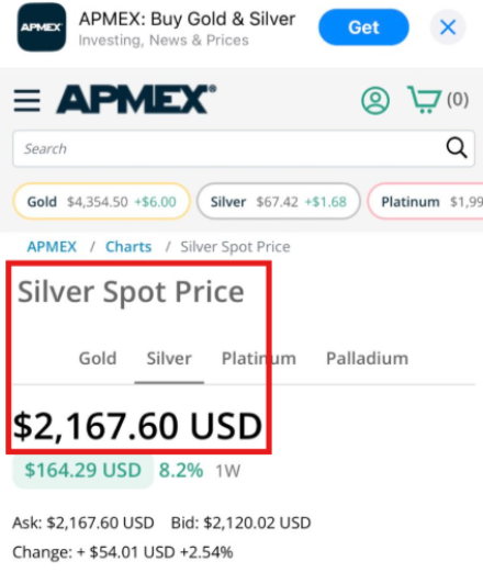 silvertrade's tweet photo. ✨** $2,167.60/!?! **✨

A Glitch, Or Was There a Rip in the Space-Time Continuum Giving Us a Glimpse of 2027 #Silver Prices? 🚀🚀🚀

🔥APMEX Displays Silver Spot Price at $2,167.60! 🔥