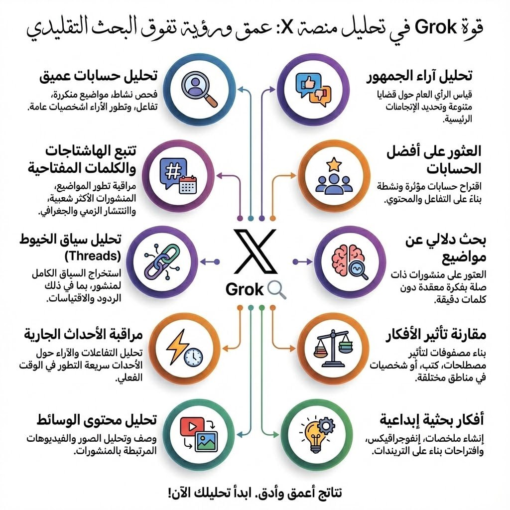 ✍️ يمثّل نموذج Grok.com كنزًا بحثيًا مهدَرًا لم يدرك كثير من الباحثين والمهتمين قيمته الحقيقية بعد. فالنموذج لا يقدّم مجرد أداة بحث تقليدية، بل يفتح نافذة واسعة على منصة X بقدرات شبه مطلقة، مستندًا إلى بحث دلالي وزمني عميق يتجاوز حدود الكلمات المفتاحية والنتائج