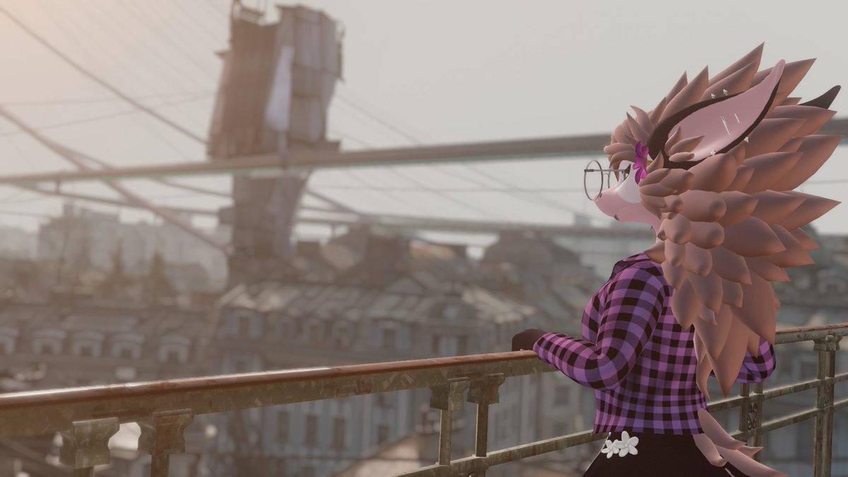 FloofIts's tweet image. Under the Citadel’s shadow, a pink otter leans on rusted railings—soft colors against a city built to break you. In City 17, even something gentle feels out of place, surviving where it shouldn’t.