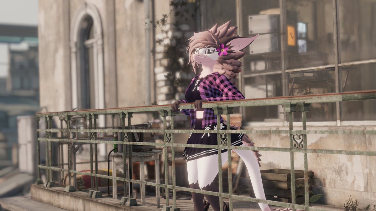 FloofIts's tweet image. Under the Citadel’s shadow, a pink otter leans on rusted railings—soft colors against a city built to break you. In City 17, even something gentle feels out of place, surviving where it shouldn’t.
