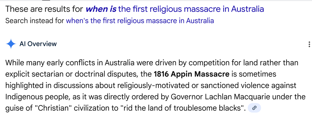 johnnybridge2's tweet image. First religious massacre? 
 #NSW 👉Appin Massacre 1816 

Google AI reveals much about Senator Braggs alarming state of mind.

#auspol #playingpolitics