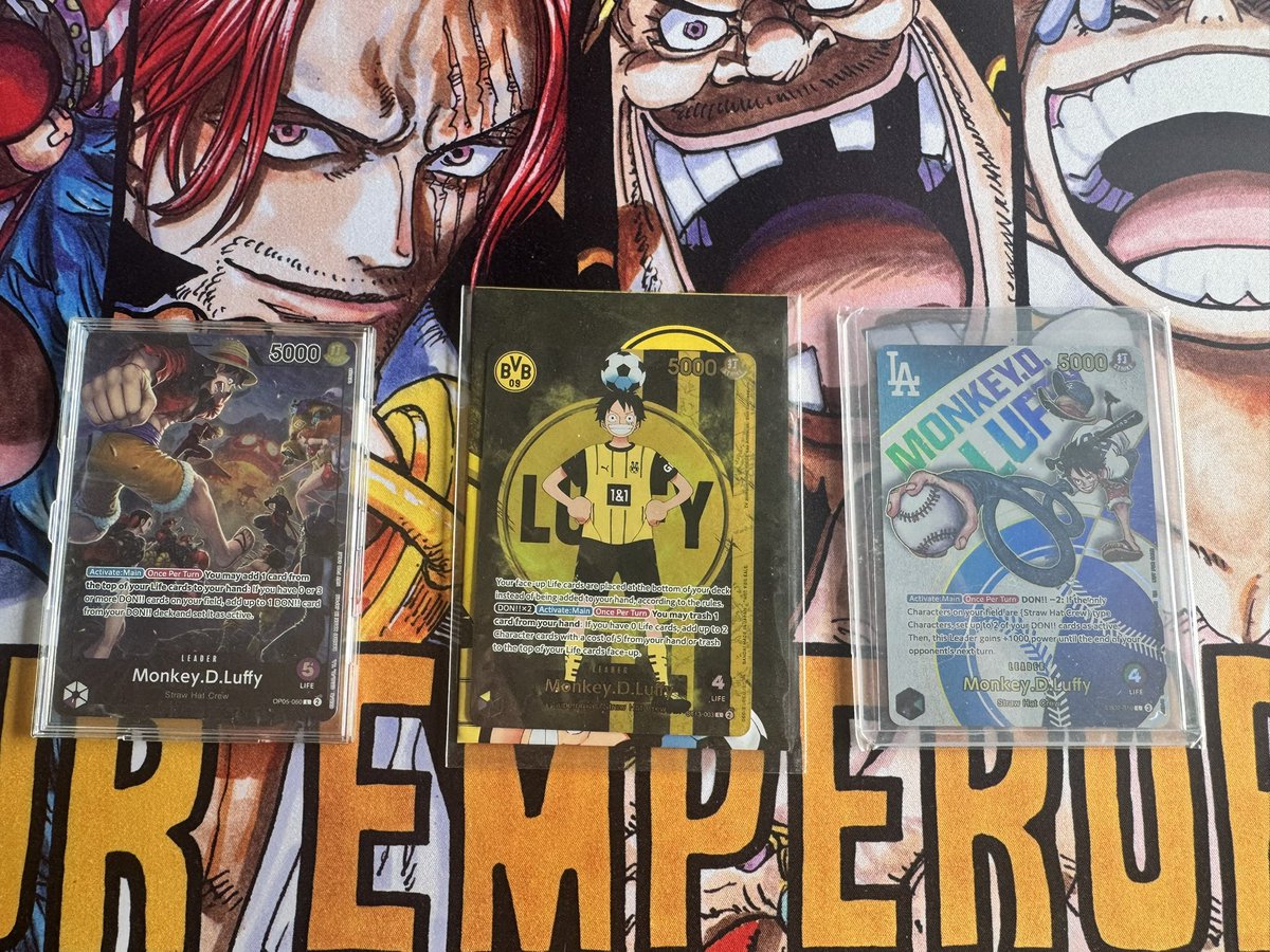 🟣, ⚫️🟡 or  🟢🟣 ? 

Which one is your favorite Luffy Leader Collab? 

#OnePiece #OPTCG #Luffy