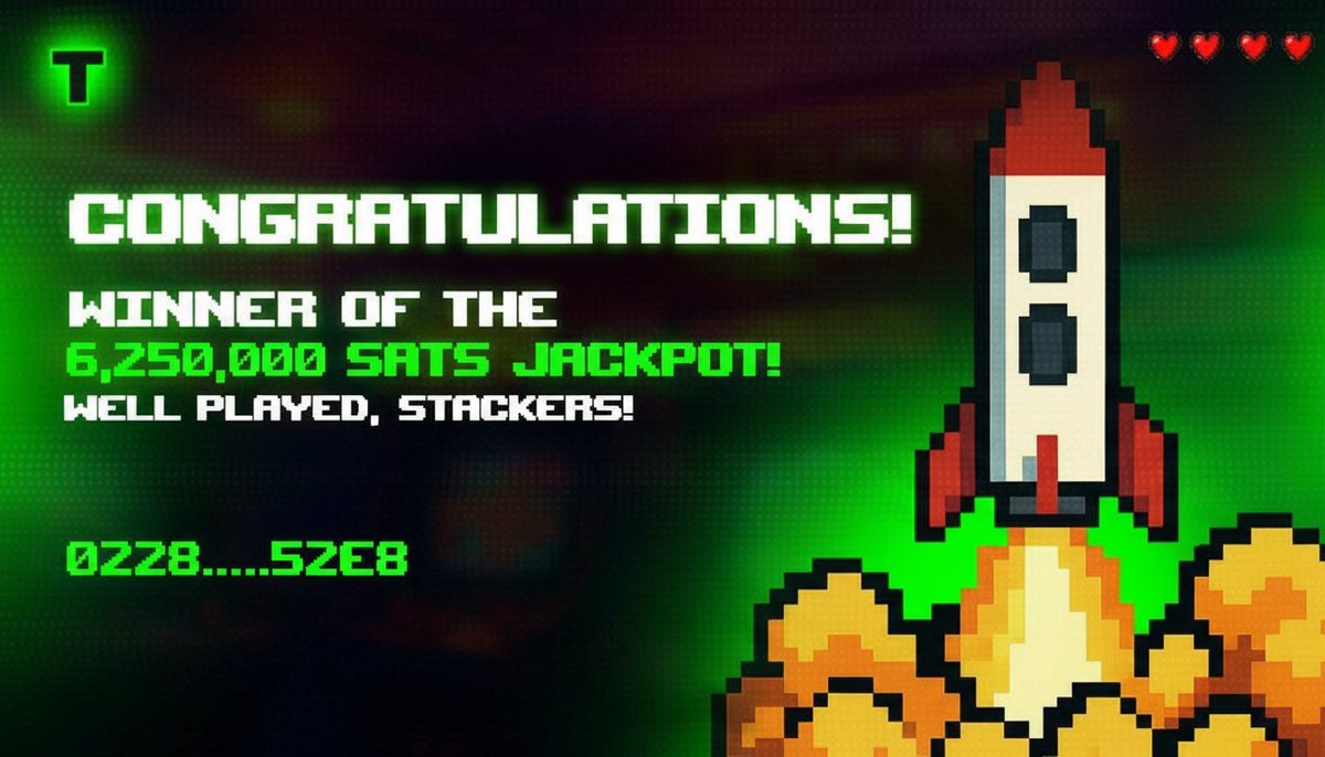 thryllarcade's tweet photo. CONGRATULATIONS! Massive win on https://t.co/HBvfGVd8Bu 🔥  

Winner takes home the 6,250,000 SATS JACKPOT!  

Winner: 0228...52e8 https://t.co/QyJRXfLI6P