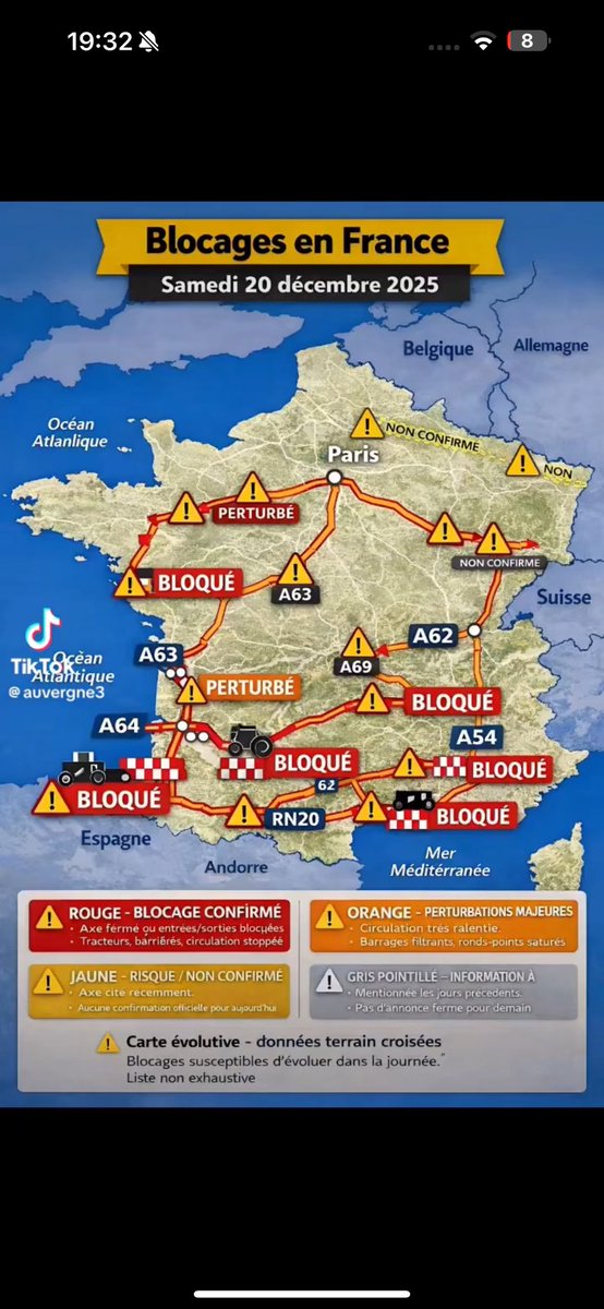 🇫🇷🚜💩
Aquest mapa de carreteres bloquejades a França per la revolta pagesa d'ahir no el vas veure a cap mitjà de comunicació del país. 

Aquest silenci només el podem trencar a X, gràcies <a href="/elon/">Elon</a>