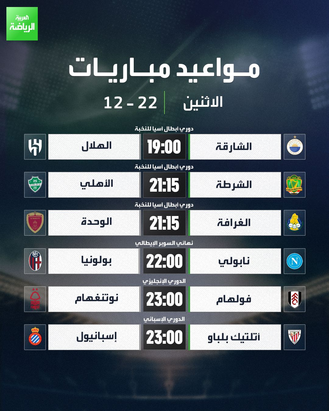 مباريات اليوم. الهلال يواجه الشارقة الإماراتي والأهلي يحل ضيفاً على الشرطة العراقي في دوري أبطال آسيا للنخبة. نابولي يواجه بولونيا في نهائي كأس السوبر الإيطالية. فولهام يواجه نوتنغهام في الدوري الإنجليزي. أتلتيك بلباو يلاقي إسبانيول في الدوري الإسباني 