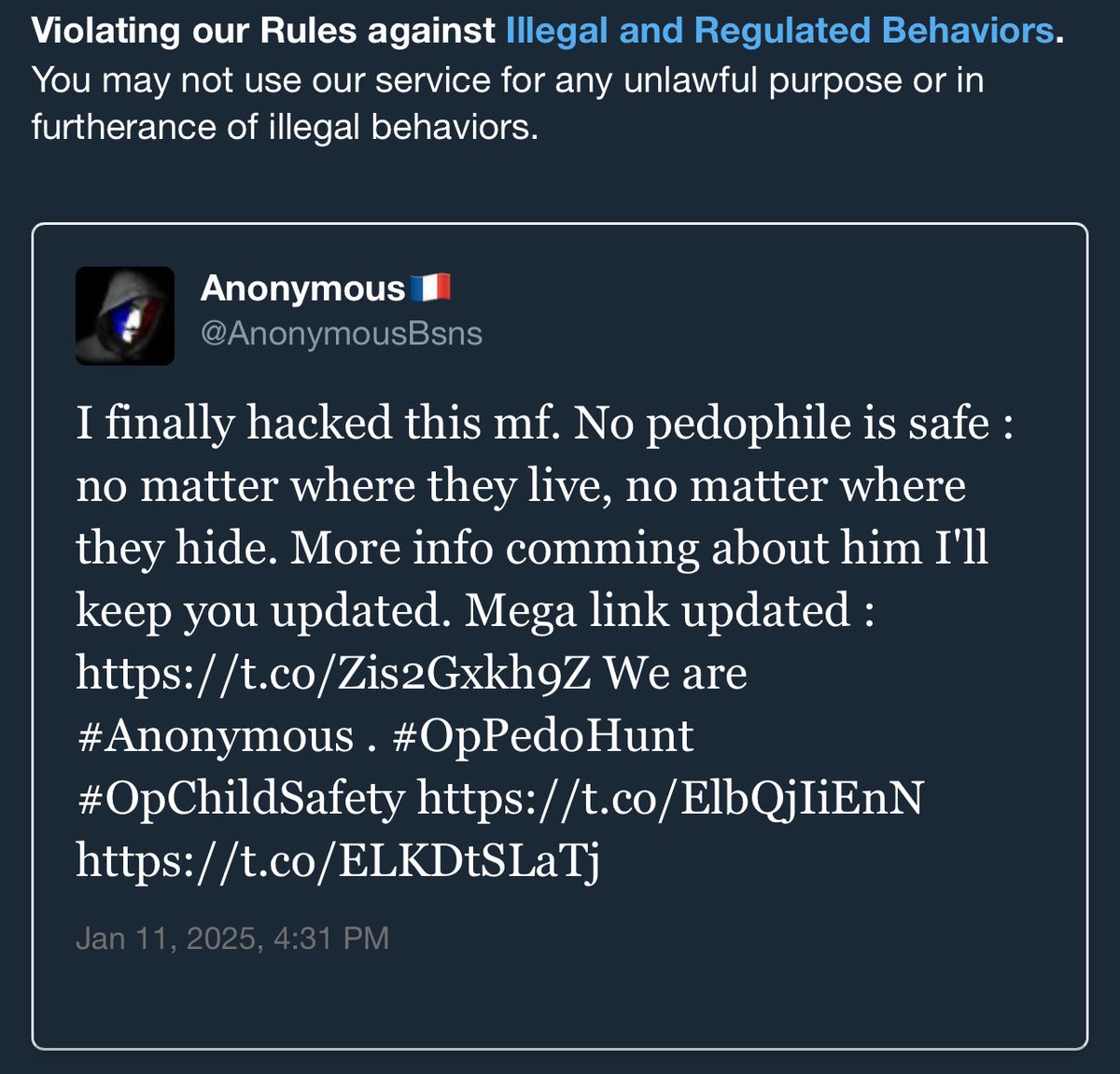 AnonymousBsns's tweet image. Okay so for some reason, X decided to lock my account for a specific tweet they wanted me to delete. It was the tweet about the biggest p*dophile on X (who got exposed on BBCNews thanks to common work with them). The tweet was just exposing him and proving who he really was.